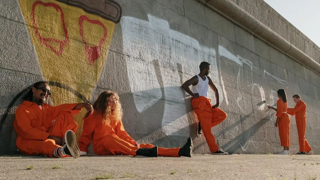 Diverse volunteers in orange coveralls painting a wall for community service and neighborhood projects