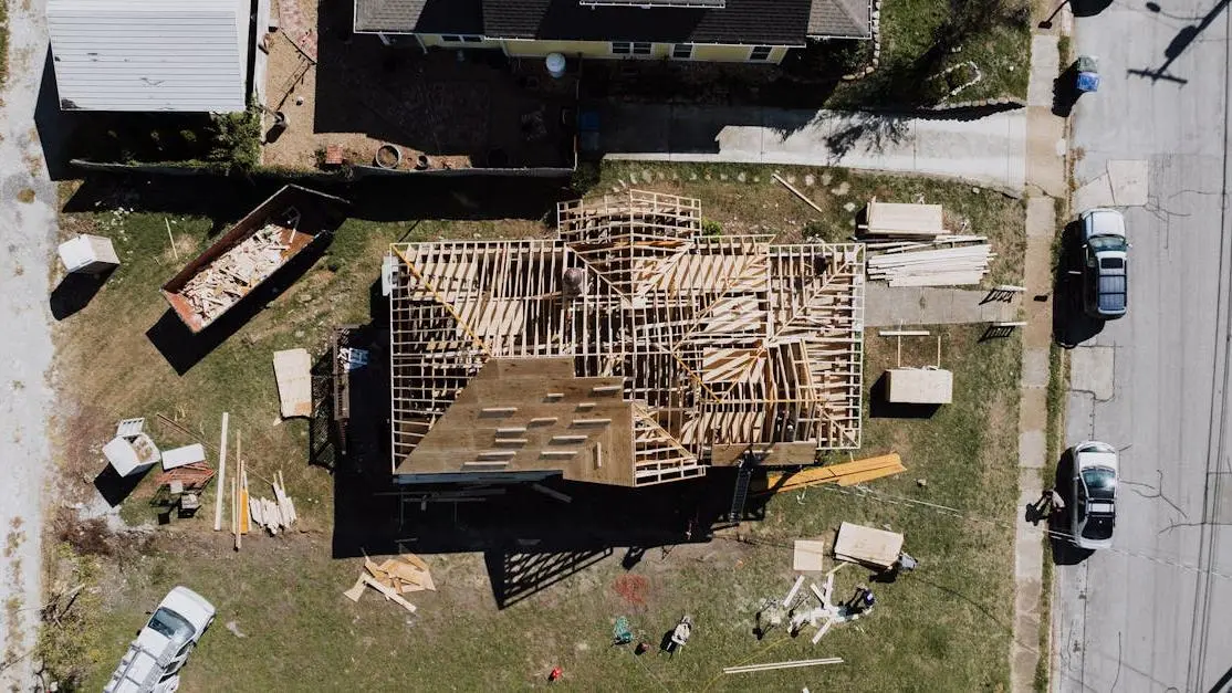 Aerial house under construction in Chattanooga for disaster relief, rebuild homes, crisis aid