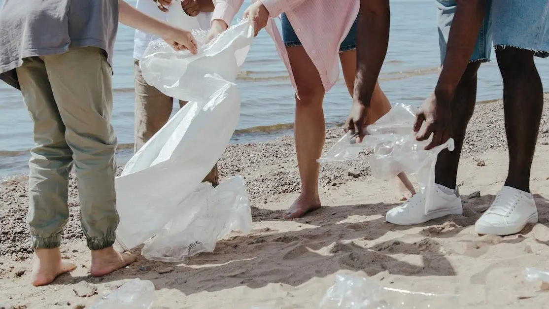Teens collecting plastic on a beach, promoting youth volunteer opportunities in coastal cleanups
