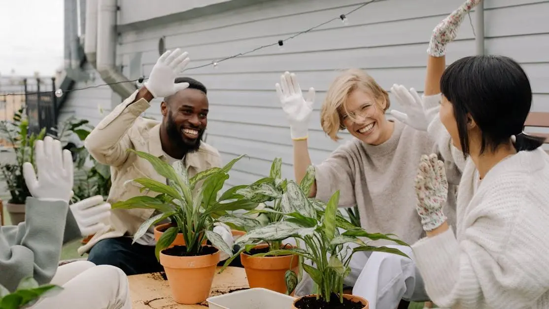 Diverse volunteers gardening on a rooftop, bonding and celebrating volunteer appreciation