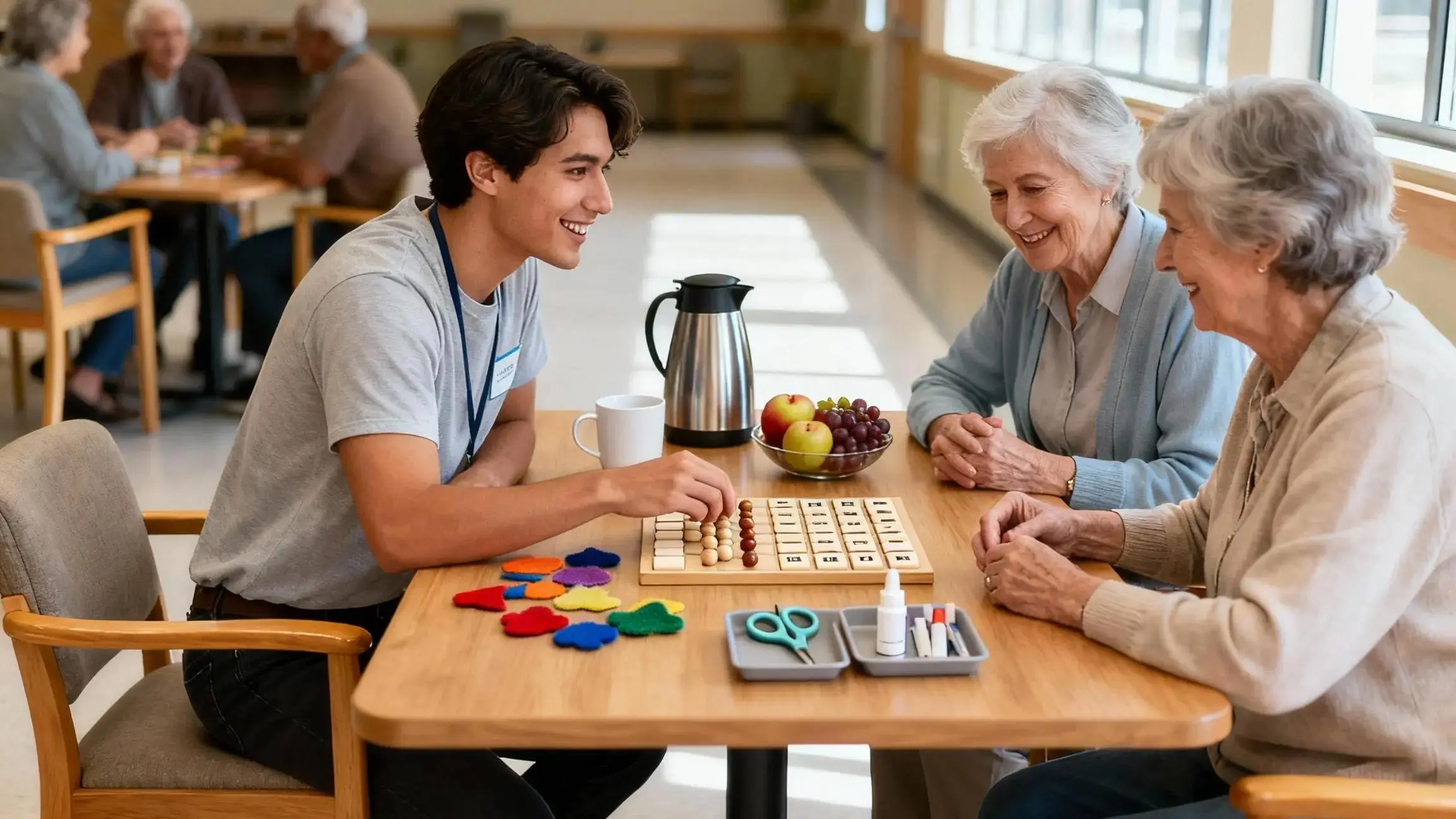 Smiling senior center volunteer helps older adults during community activity