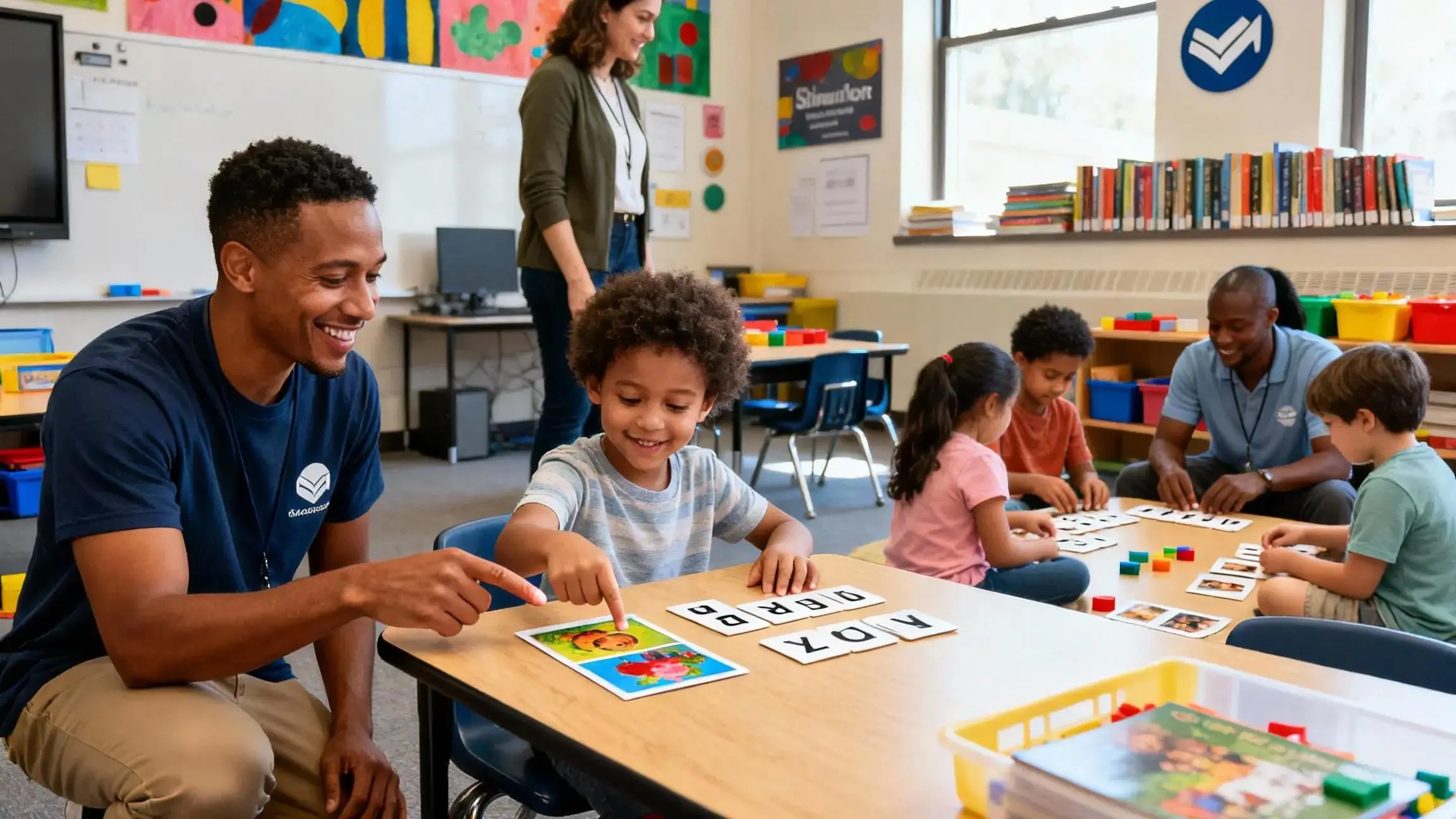 Smiling volunteers teaching children in a classroom, showcasing inspiring teaching volunteer jobs