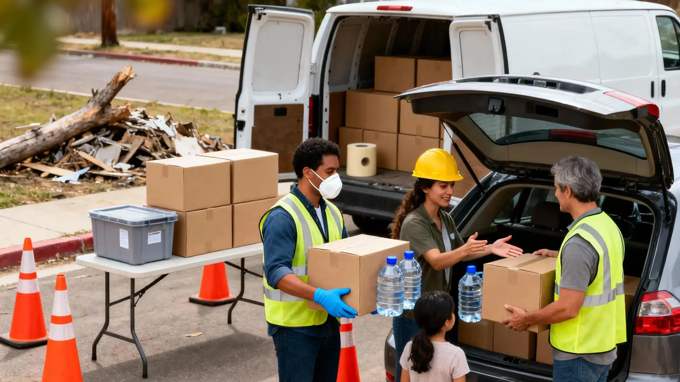 Group distributing supplies after a storm, showcasing volunteering for disaster relief in action